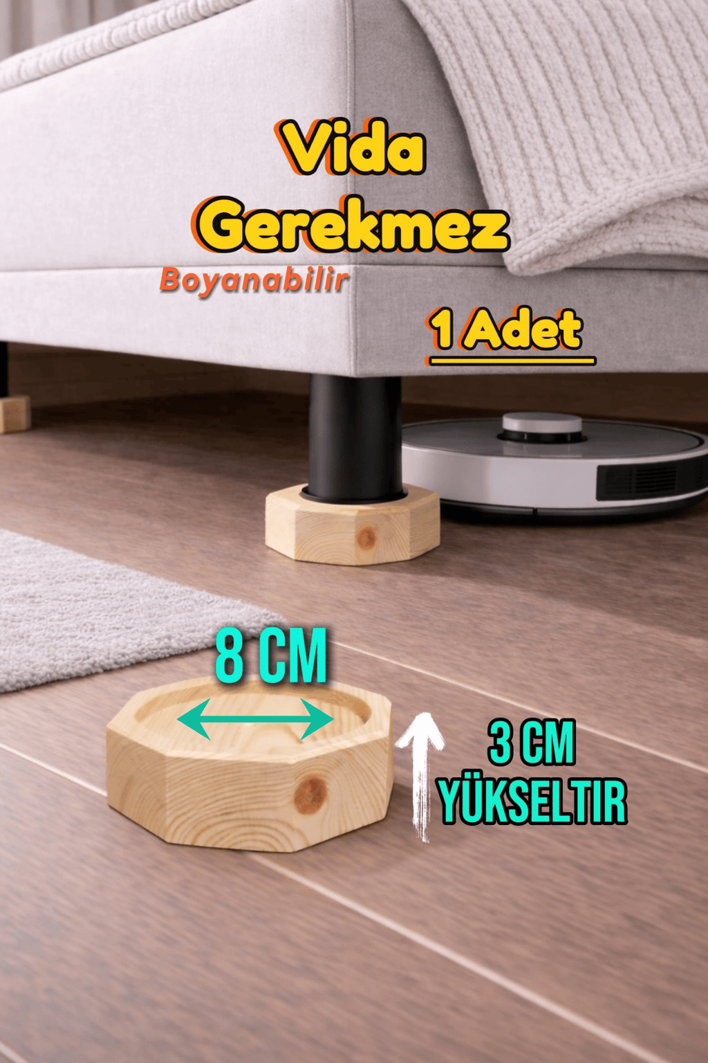 Robot Süpürge İçin Doğal Ahşap Baza Yükseltici ” 3 cm Yükseltir | Oyuklu Takoz (1 Adet)