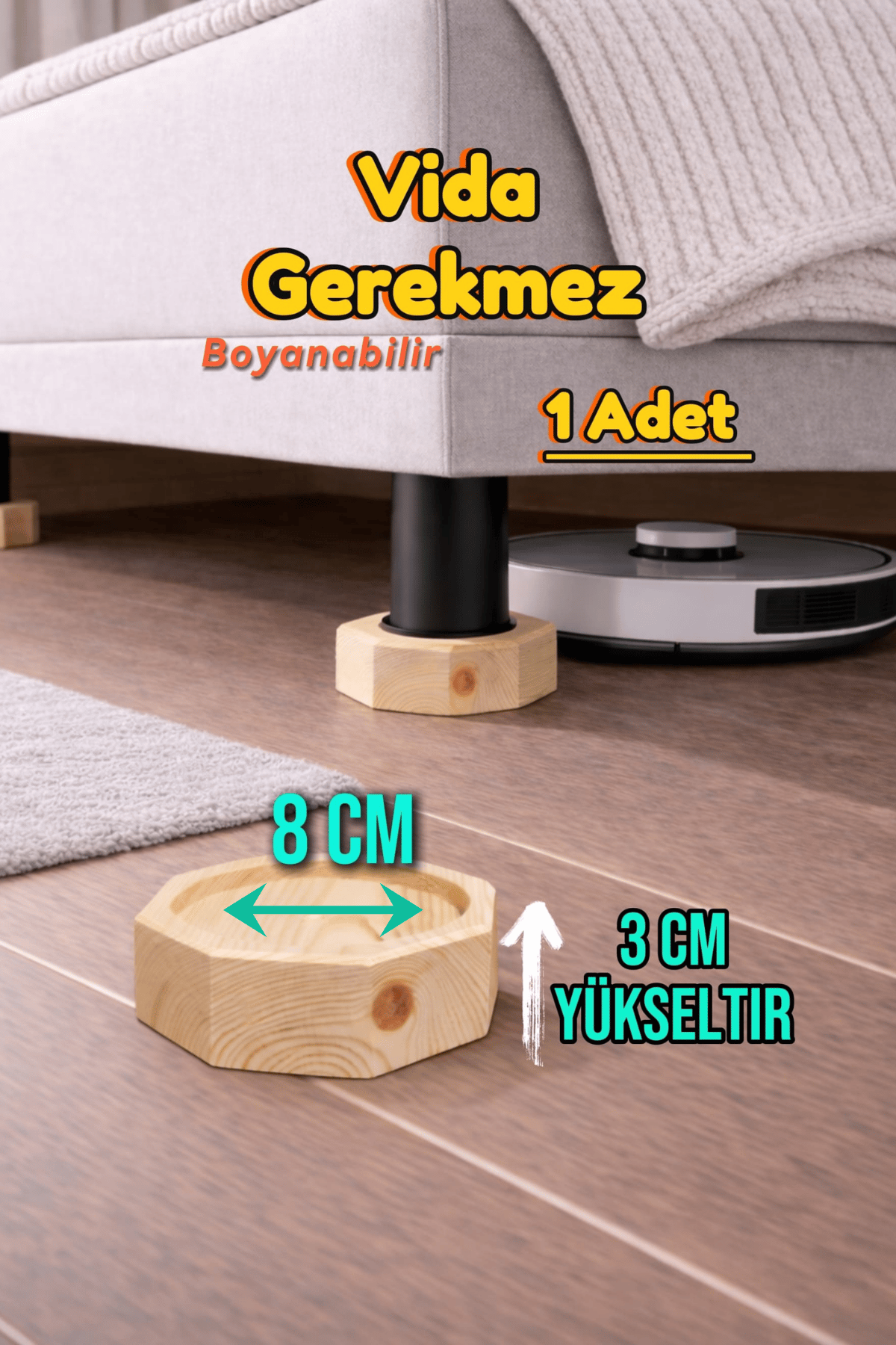 Robot Süpürge İçin Doğal Ahşap Baza Yükseltici ” 3 cm Yükseltir | Oyuklu Takoz (1 Adet)