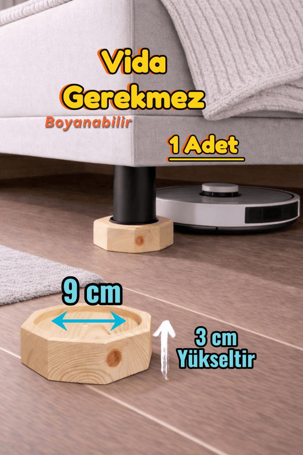 Robot Süpürge İçin Doğal Ahşap Baza Yükseltici ” 3 cm Yükseltir | Oyuklu Takoz (1 Adet)