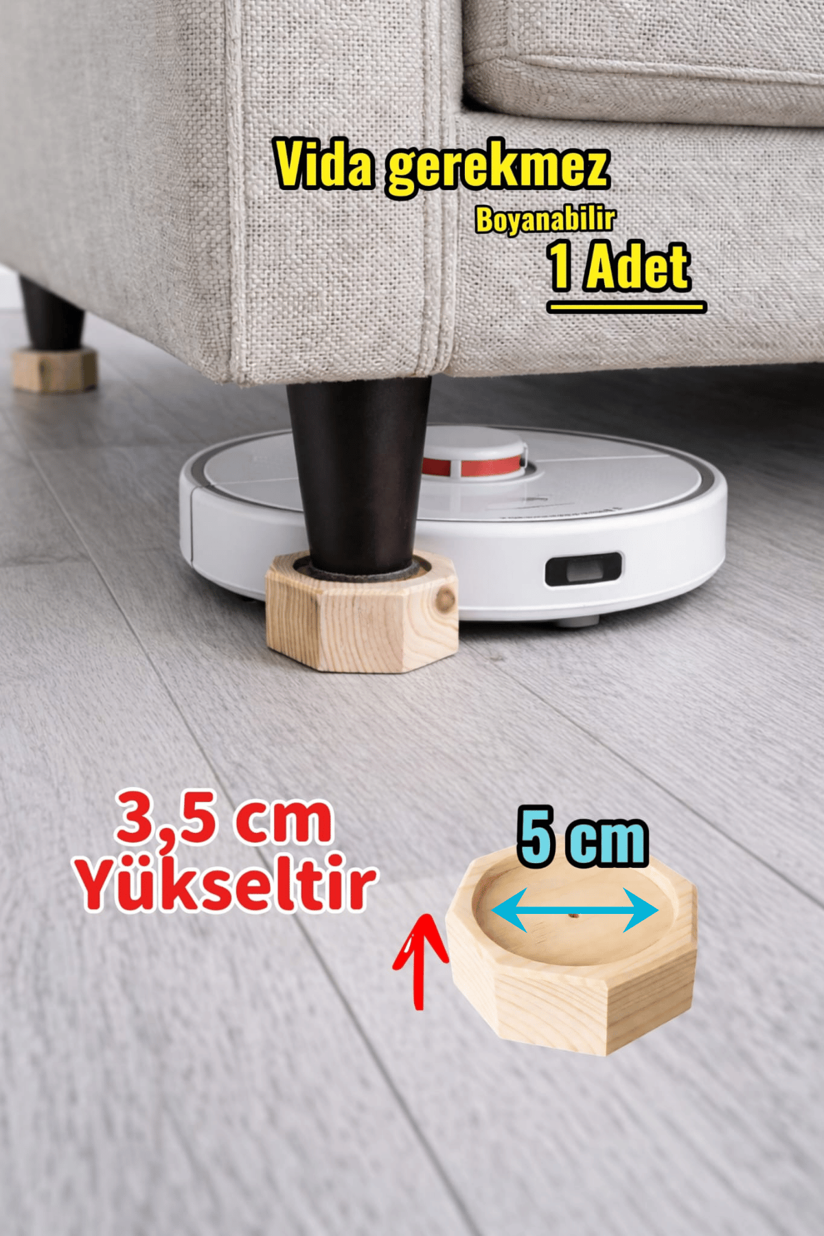 Robot Süpürge İçin Doğal Ahşap Koltuk Baza Yükseltici (3,5 cm Yükseltir) | Oyuklu Takoz (1 Adet)