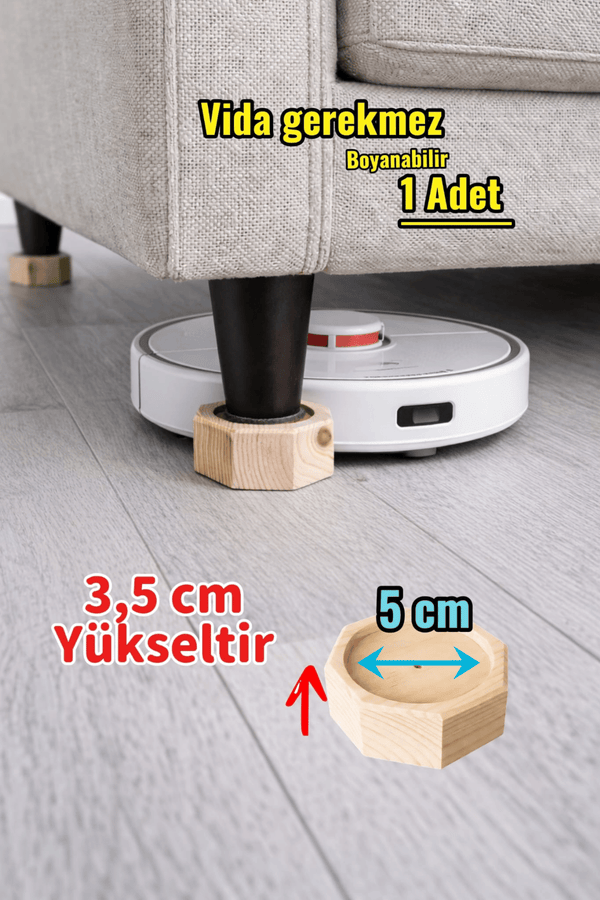 Robot Süpürge İçin Doğal Ahşap Koltuk Baza Yükseltici (3,5 cm Yükseltir) | Oyuklu Takoz (1 Adet)