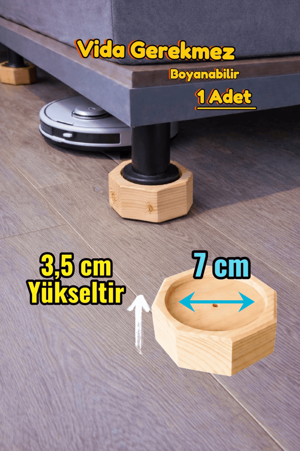 Robot Süpürge İçin Doğal Ahşap Koltuk Baza Yükseltici ” 3,5 cm Yükseltir | Oyuklu Takoz (1 Adet)