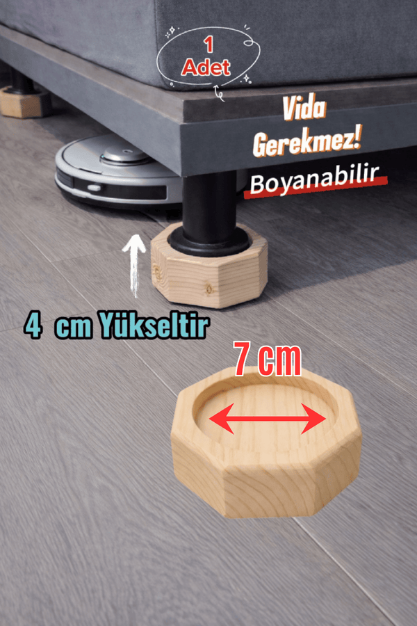 Robot Süpürge İçin Doğal Ahşap Koltuk Baza Yükseltici ” 4 cm Yükseltir | Oyuklu Takoz (1 Adet)