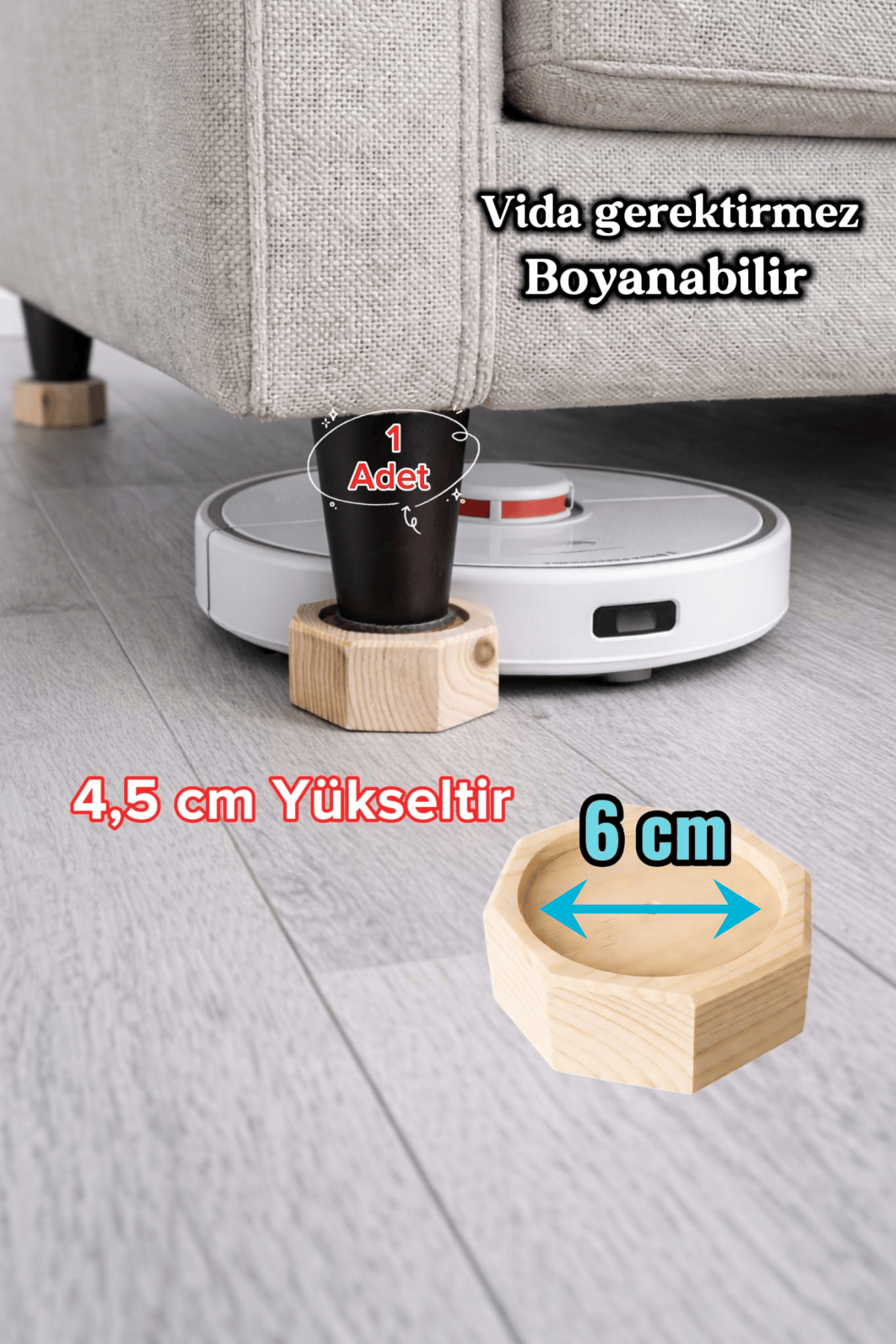 Robot Süpürge İçin Doğal Ahşap Koltuk Baza Yükseltici (4,5 cm Yükseltir) | Oyuklu Takoz (1 Adet)