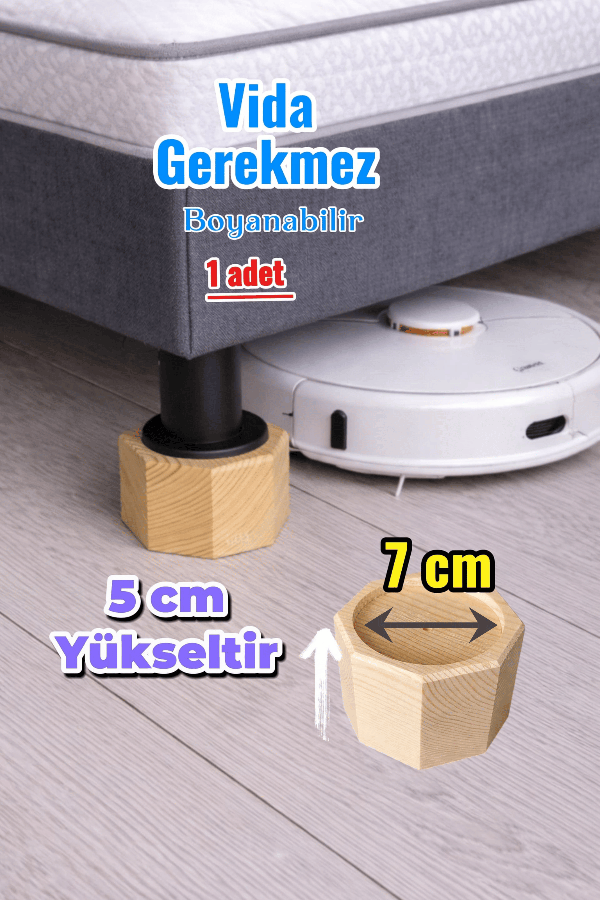 Robot Süpürge İçin Doğal Ahşap Baza Yükseltici, "5 CM yükseltir" | Oyuklu Takoz (1 Adet)