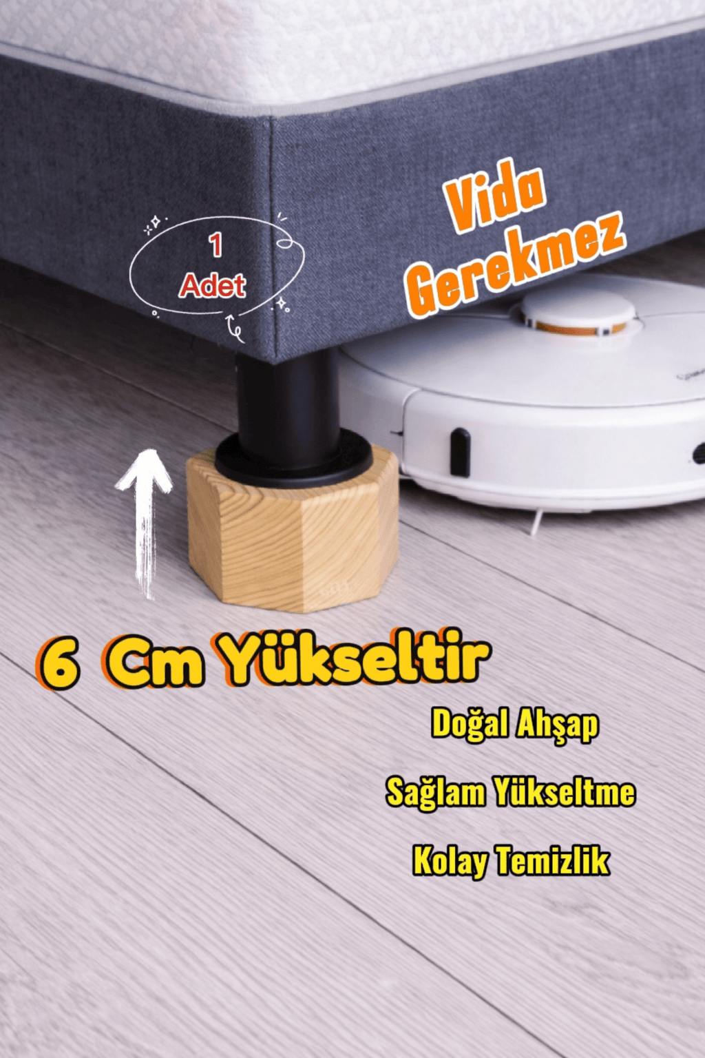 Robot Süpürge İçin Doğal Ahşap Koltuk Baza Yükseltici ” 6 cm Yükseltir | Oyuklu Takoz (1 Adet)