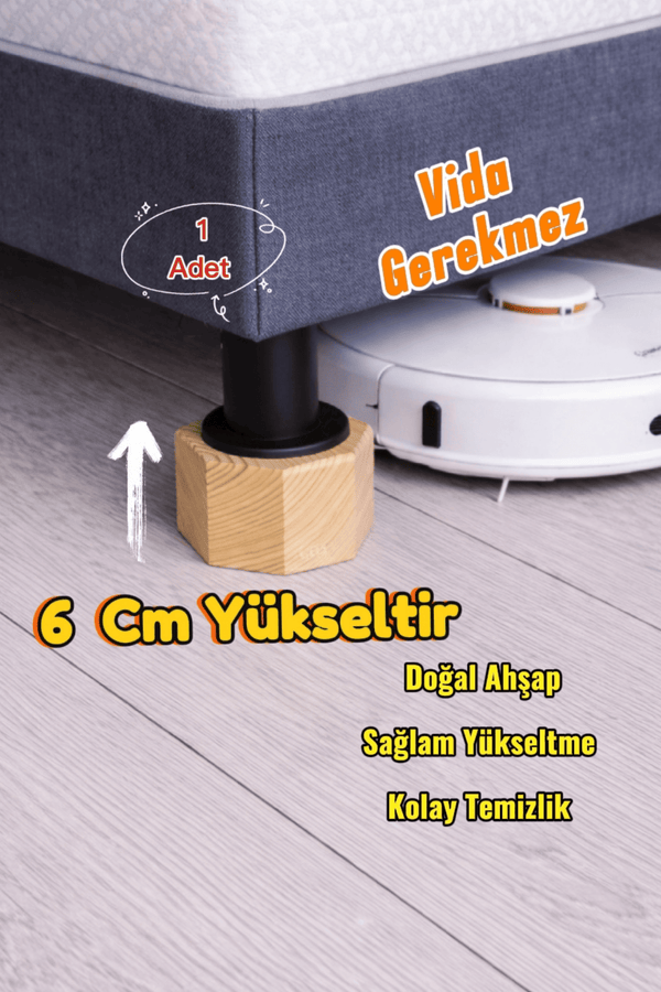 Robot Süpürge İçin Doğal Ahşap Koltuk Baza Yükseltici ” 6 cm Yükseltir | Oyuklu Takoz (1 Adet)