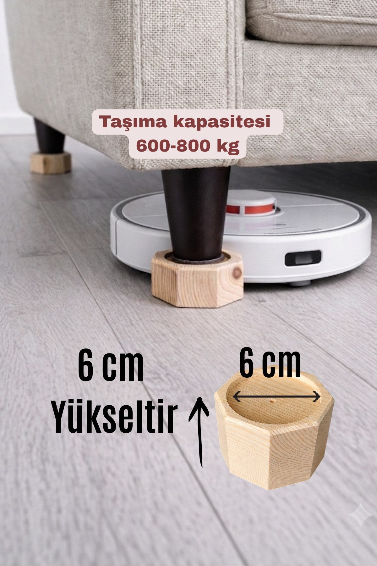 Robot Süpürge İçin Ahşap Baza Yükseltici, (6cm Yükseltir, Çap.6) | Oyuklu Takoz (1 Adet)