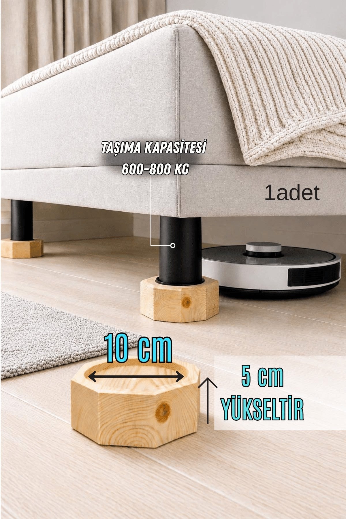 Robot Süpürge İçin Ahşap Baza Yükseltici, (5cm Yükseltir, Çap.10) | Oyuklu Takoz (1 Adet)