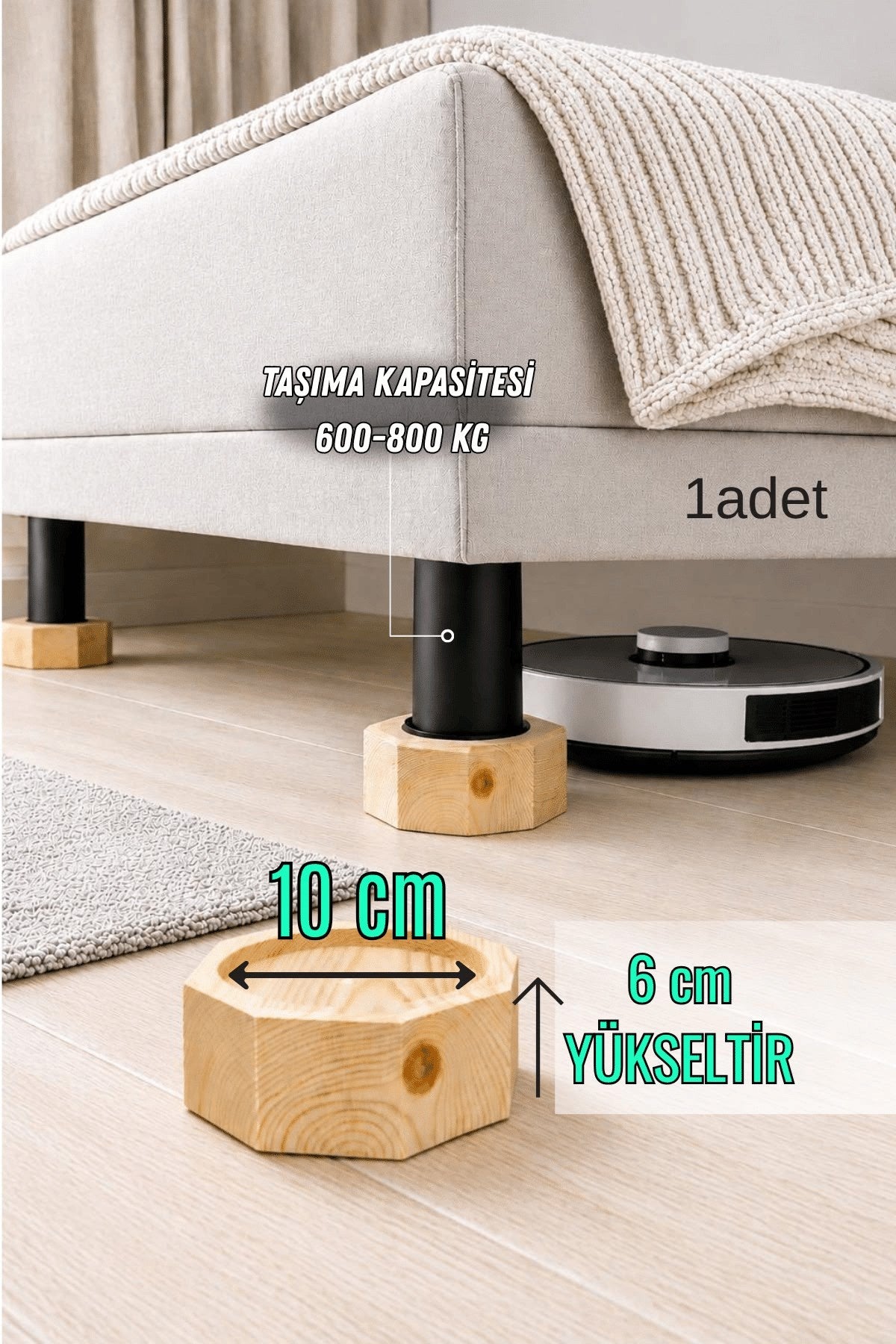 Robot Süpürge İçin Ahşap Baza Yükseltici, (6cm Yükseltir, Çap.10) | Oyuklu Takoz (1 Adet)