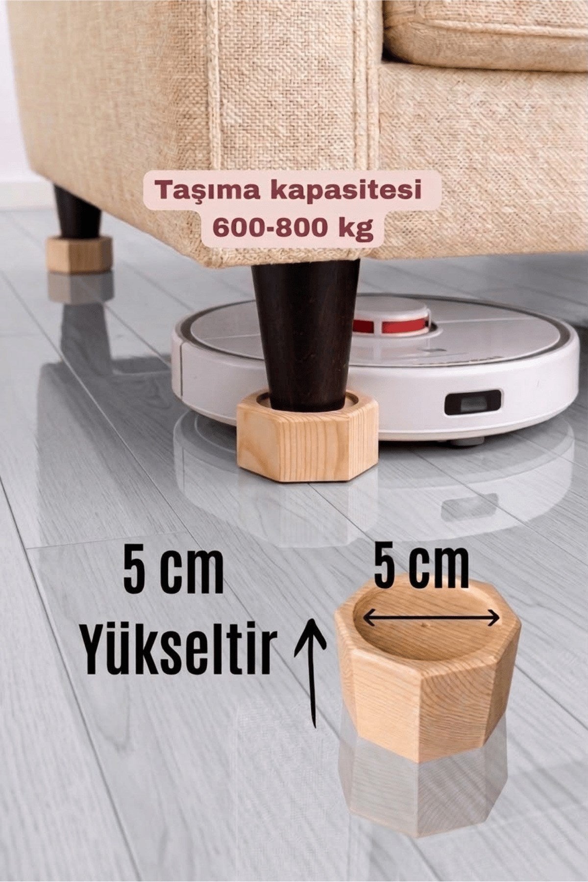 Robot Süpürge İçin Doğal Ahşap Baza Yükseltici, (5cm Yükseltir, Çap.5) | Oyuklu Takoz (1 Adet)