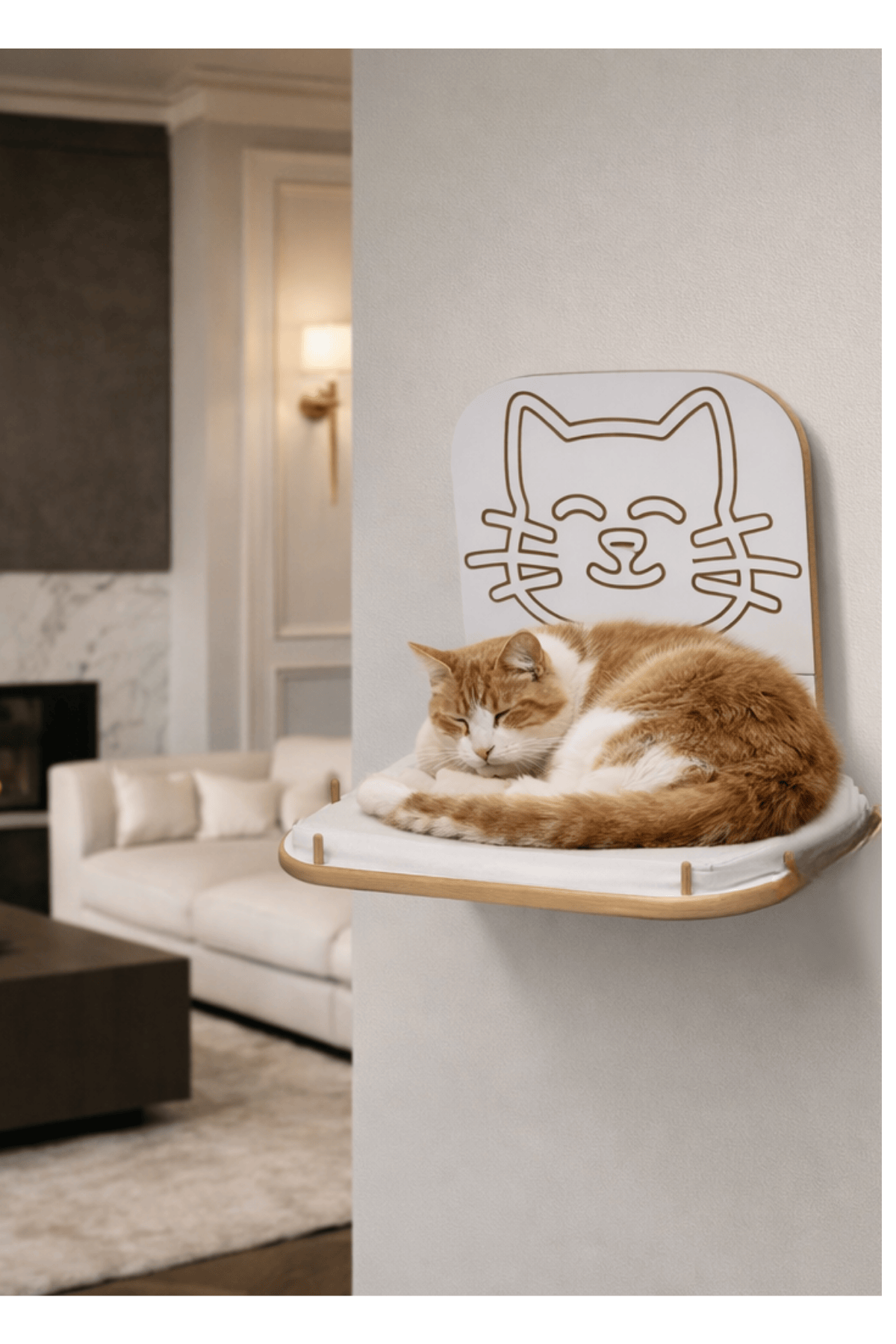 Kedi Yatağı, Duvara Monte Premium (30x48 cm) CNC Kazımalı 3D Figürlü|Sağlam Vida Sistemli | Minderli